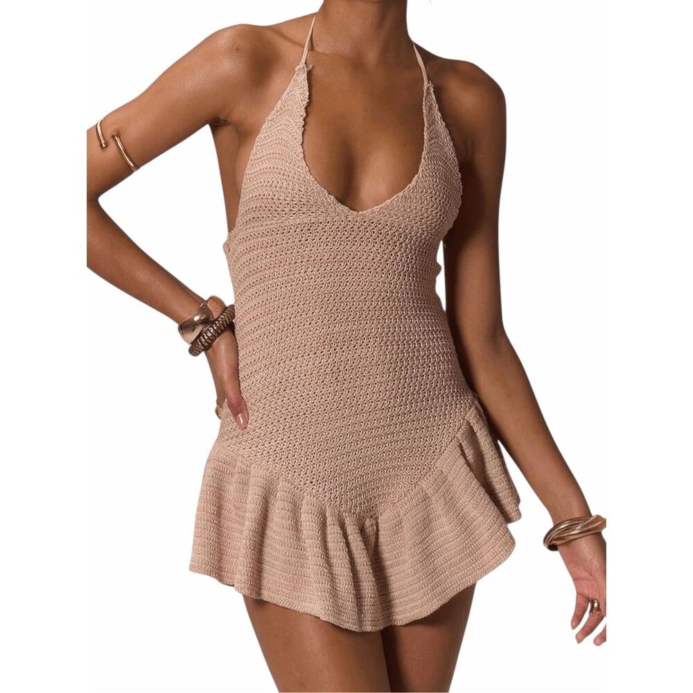 MUSERA Women’s Crochet Knit Halter Mini Dress Cover Up Beige Size S/M NWT